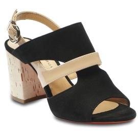 Barbara Bui Sandalias de tacón para mujer en piel serraje negra y charol nude con hebilla