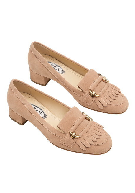 Tod's Zapatos de salon para mujer con tacon bajo en gamuza beige con horsebit y flecos