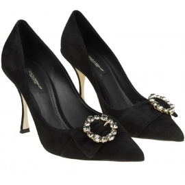 Dolce&Gabbana Escote con tacones para mujer en piel negra con circonitas