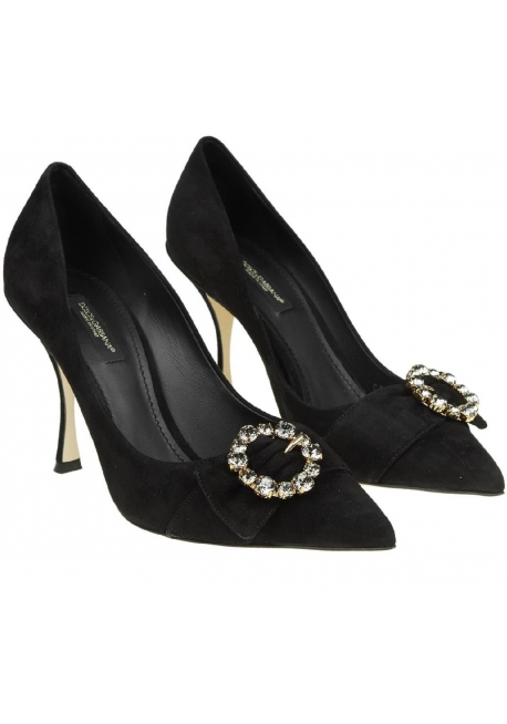 Dolce&Gabbana Escote con tacones para mujer en piel negra con circonitas