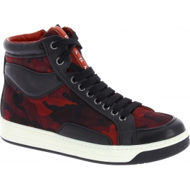 Prada Zapatillas altas con estampado camuflaje mujer en piel tejido rojo negro